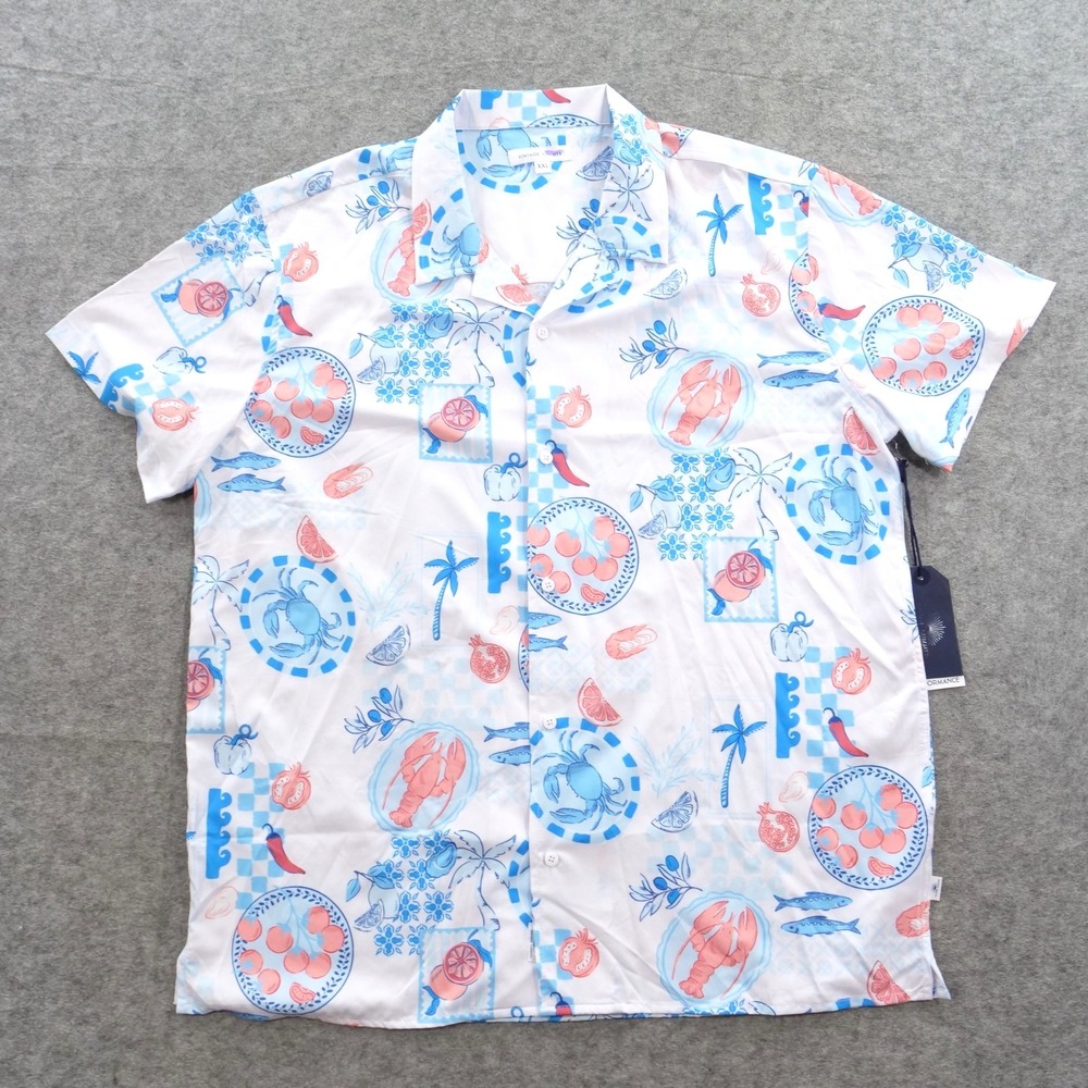 Vintage Summer Shirt Mens 2XL XXL Blue White Button Seafood Beach Print New